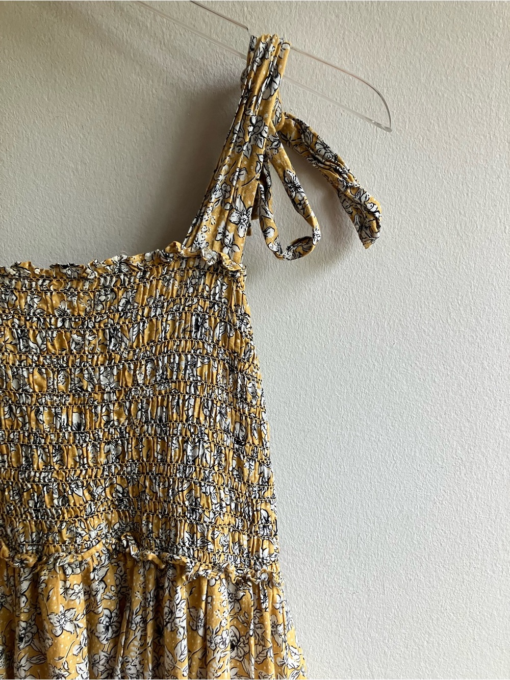 Max Studio Tie Strap Smocked Bodice Maxi Nap Dress Size L Yellow Floral Cotton - Picture 6 of 9